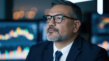 Fototapeta premium Focused Senior Trader Monitoring Financial Market Screens with Data Charts