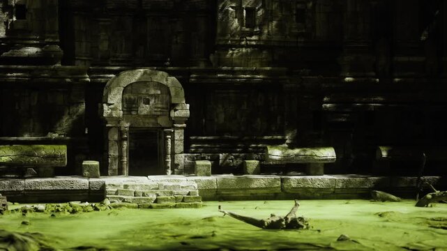 Sunlit ruin courtyard with scattered roots and warm green moss, bright shafts of light accentuate stone textures and open, contemplative outdoor atmosphere.