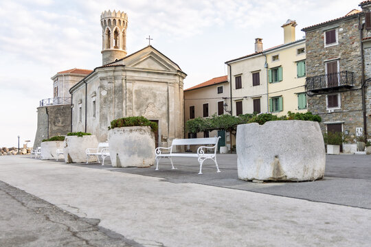 Coastal church and promenade in Piran Slovenia Adriatic coast