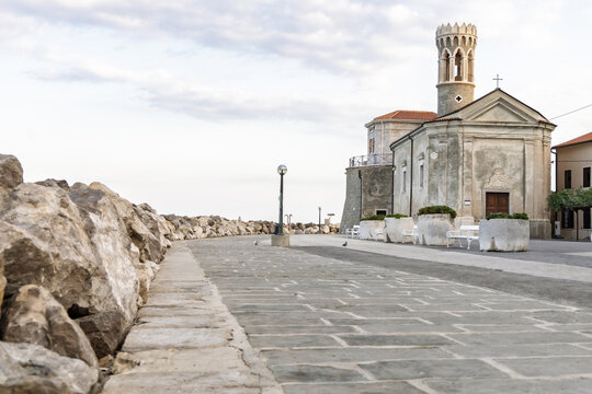 Coastal church and promenade in Piran Slovenia Adriatic coast