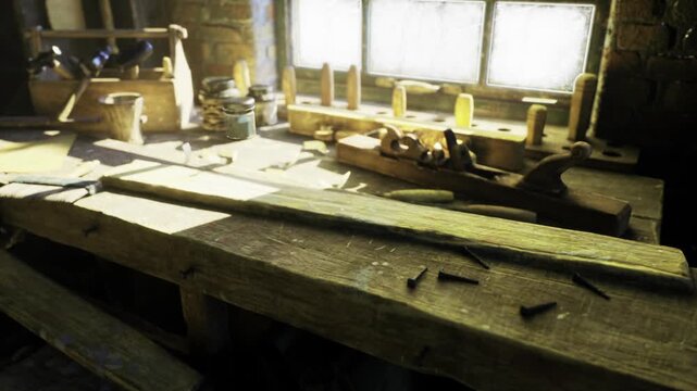 Bright sunlit workbench lined with tools, sleek plank awaiting prototype shaping, precision chisel and plane set, organized clamps and ruler, soft dust