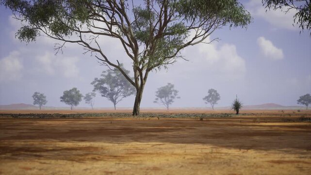 Runner passing ancient tree on open plain, energized motion captured against soft clouds and dry earth, dynamic outdoor fitness scene suited for active