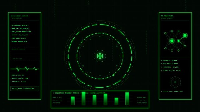 Cybersecurity HUD interface with green binary code and neural network data visualization for artificial intelligence system monitoring and hacking