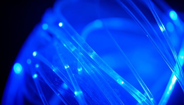 Close up of blue glowing fiber optic cables for high speed data transmission