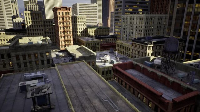 Urban rooftop logistics hub with drones, flat landing pads, charging stations, parcels, network antennas and operational silhouettes implied against city