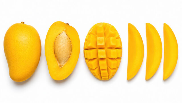 Assortment of fresh ripe yellow mango whole sliced and diced
