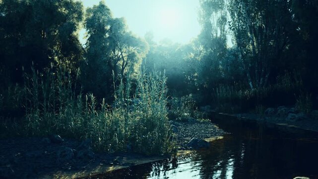 Bright sunflare over marshy river bend, vertical rays cutting through mist and foliage, tiny light particles glittering on water surface, dreamy ambient mood