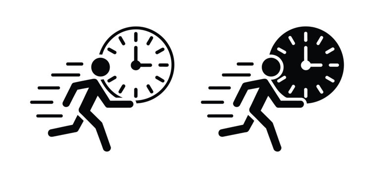 Deadline concept vector icon featuring a running businessman with clock symbol representing rushed work, stress, lateness, time management, and urgency