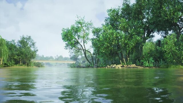 Serene norway river scene with mist over calm reflective water, willowlined banks, small island in distance, soft overcast sky, morning fog lending tranquil