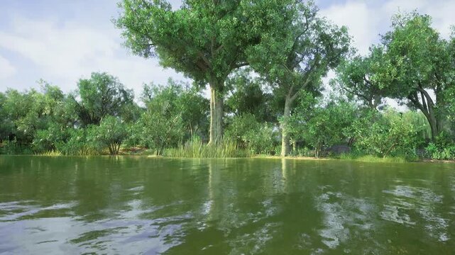 Golden afternoon light on river bank, warm tones across water, gentle reflections, scattered trees and calm horizon creating peaceful retreat atmosphere