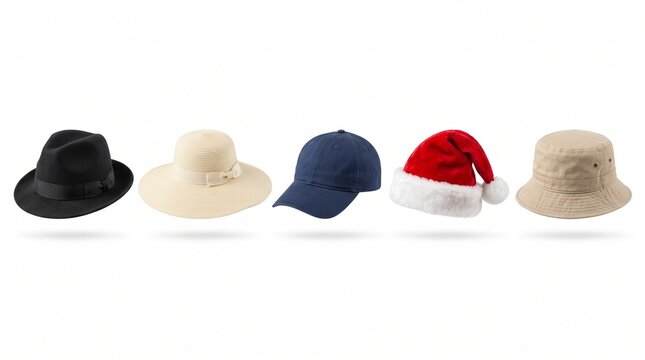 Hat collection isolated white background, fedora sun hat baseball cap Santa bucket hat design element fashion accessory