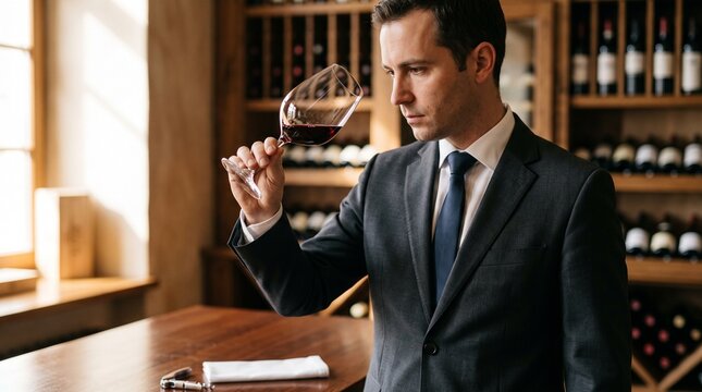 Professional male sommelier in elegant suit evaluating red wine clarity and color against natural light representing wine tasting expertise