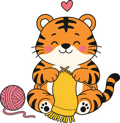 Fototapeta premium Tiger character knitting a yellow scarf with pink yarn and a small floating heart above.