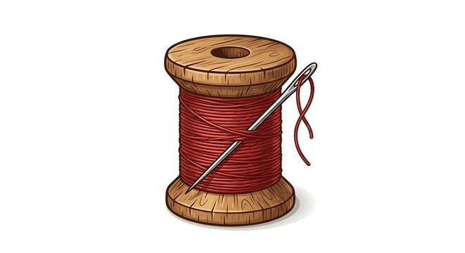 Wooden spool of red thread with a metal sewing needle threaded through it, isolated on a white background, craft vector illustration.