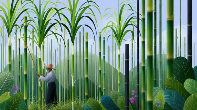Farmer harvests tall bamboo stalks in a lush green tropical plantation during daytime with bright natural light