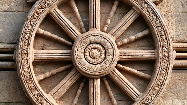 Elaborate stone carving on one of the 24 wheels of the konark sun temple, a unesco world heritage site in odisha, india, representing a dharmachakra and symbolizing the passage of time