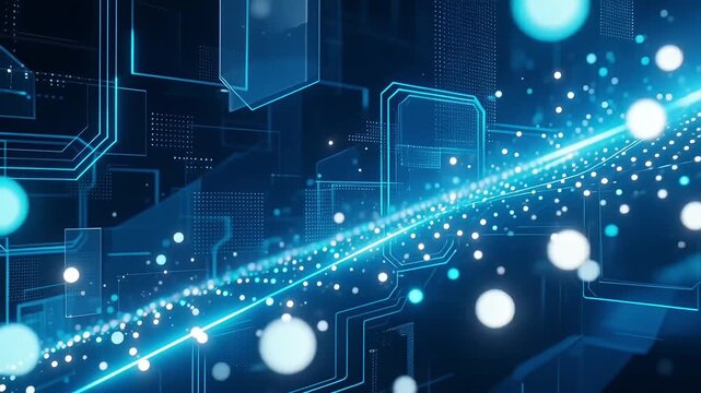 Digital data stream flowing through abstract blue network nodes in motion background graphic animation design element