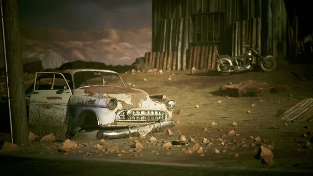 Wide shot abandoned car and motorcycle sunlit dunes and corrugated barn on horizon, dramatic cloudy sky, cracked paint, tracks in sand, cinematic wideangle,