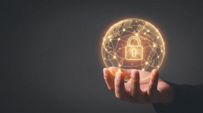 Male hand supporting golden holographic earth globe with security padlock overlay against dark backdrop.