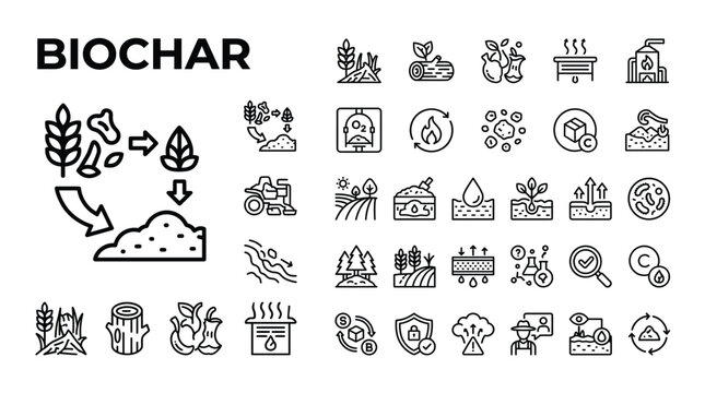 Biochar production and application icons set, including biomass feedstock, pyrolysis process, soil amendment, carbon sequestration, and agricultural benefits