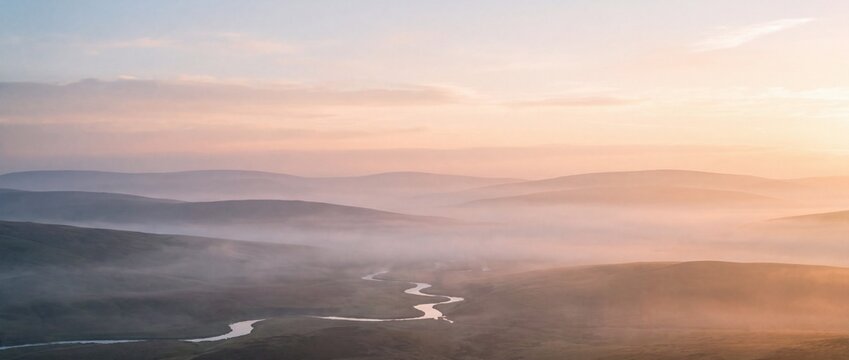 Winding river flows through misty rolling hills during a soft glowing sunrise in the countryside landscape