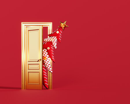 Christmas tree enters the door. Christmas is here concept on red background with copy space. 3D Rendering, 3D Illustration