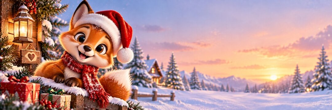 Cute cartoon fox in santa hat and red scarf on wooden fence with christmas gifts. Winter forest landscape at sunset with snowy trees and cozy village house.