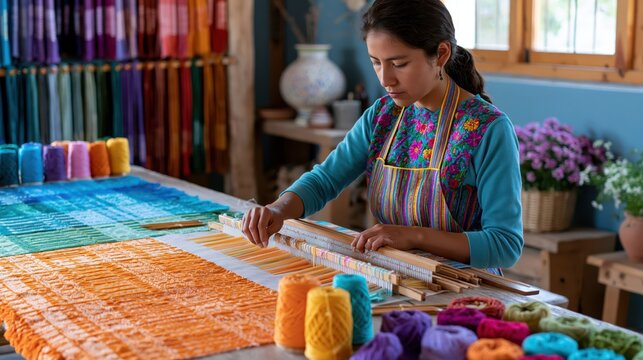 Artisan woman weaving colorful textile on loom with vibrant yarn spools in a sunlit workshop