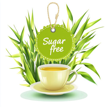 Sugar free green tag hanging over a cup of herbal tea with green leaves product tag dietary restriction green label sugar substitute food badge