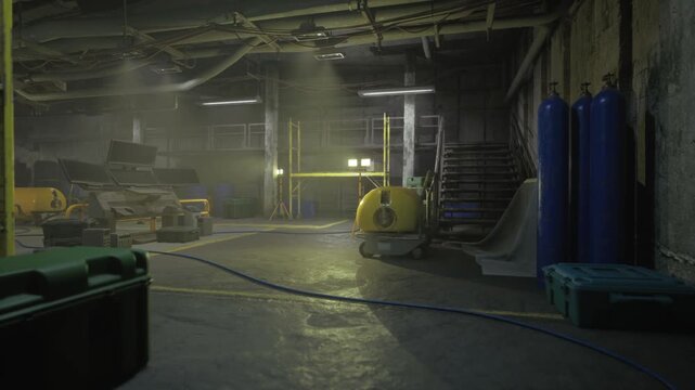 Moody industrial bay with yellow rover, dimly lit concrete floor, coiled hoses, blue gas cylinders, metal scaffolding, wet reflections, scattered toolbox,