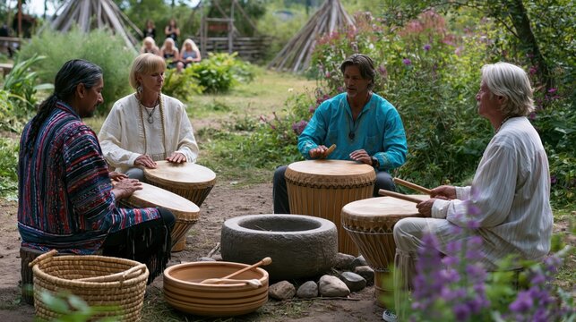 Diverse adults drum circle in a serene forest setting during a spiritual gathering with natural lighting