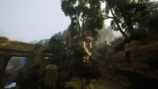Mossy stone arch bridge leading into ruin complex shrouded in morning mist, winding steps and dense trees frame weathered masonry, soft diffused light evokes