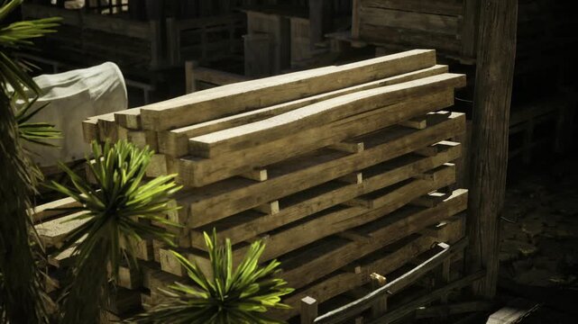 Detailed wild west timber fence showing aged grain, nail heads and splintered edges in sharp sunlight intimate study of material and timeworn craftsmanship.
