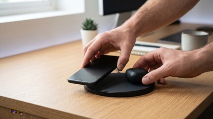 Fototapeta premium Person using a modern wireless charging station to power their smartphone and wireless earphones on a minimalist wooden office desk setup