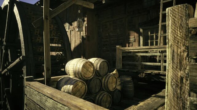 Piled barrels in remote Namibian depot corner. Beams and scaffolding frame composition, soft directional light highlights textured staves and creates cinematic