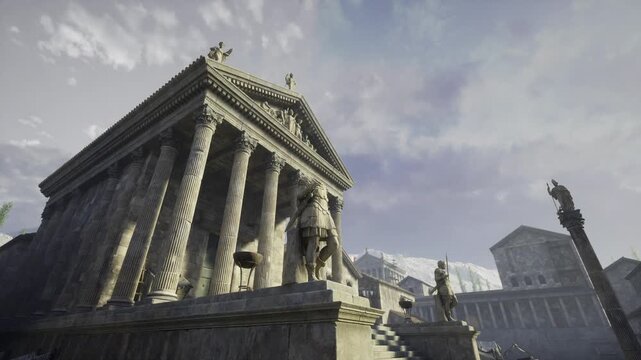 Heroic Carthage staircase guarded by statues, close midangle capturing dramatic shadows on marble, ascent path, architectural ornament, classical atmosphere