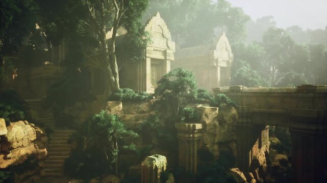 Panoramic view of temple complex ruins, multiple towers and terraces rising above canopy, deep shadows and pool reflections, distant mist and cinematic golden