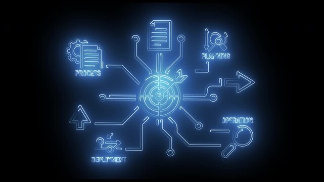 Blue glowing neon line illustration displaying central target hub file documents digital analysis and search processing