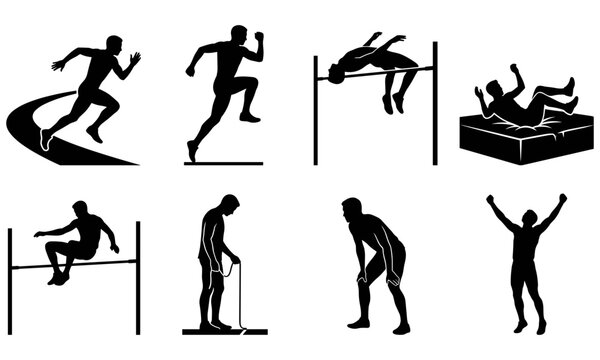 Track and field silhouettes high jump fosbury flop sprint curve runway mat landing measuring tape and victory celebration