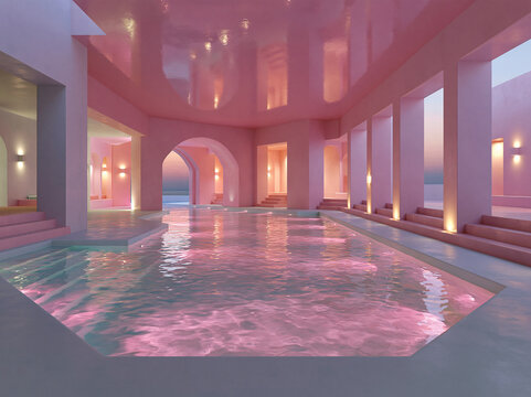 Dreamy pink indoor pool space with textured plaster walls, multiple arches, glowing wall lamps and shimmering pink lit pool water.