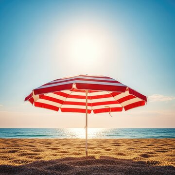 A vibrant retro beach scene featuring a classic striped parasol standing in golden sand under a bright sun with a warm vintage film grain, outdoors, coastal, turquoise