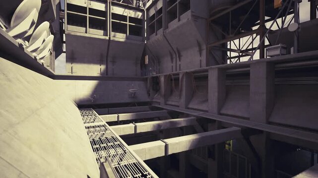 Focused view of factory framework. Closeup on metal beams and support lattice. Detailed shot of industrial framework with subtle grain detail