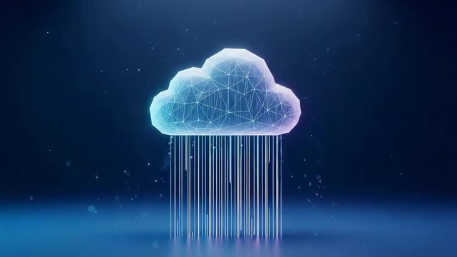 Digital cloud computing concept with glowing data rain on blue background