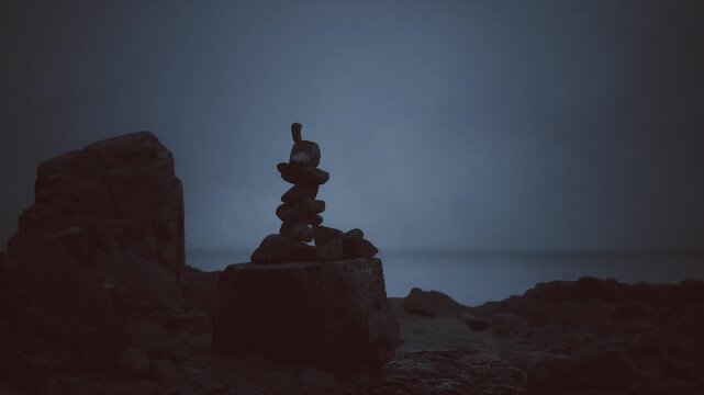 Graceful stone monument set on shoreside rocks. Tranquil seaside tableau featuring tall stone cairn on rocky foundation with harmonious proportions