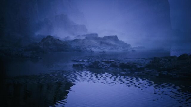 Distant cliffs above calm tidal mirror. Muted navy palette, layered ridgelines fading into fog, foreground wet rocks creating subtle reflections, cinematic