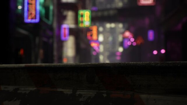 Vaporwave city lights beyond barricade, strong magenta and purple palette, softfocus neon shapes, retrofuturistic ambiance and empty street narrative potential.