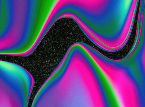 Swirling, vibrant colors morph and blend over a dark, speckled void