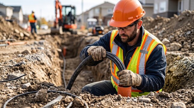 Construction worker in orange hard hat and reflective vest kneeling in a dirt trench holding black fiber optic conduit cables at a residential site with an excavator in the background