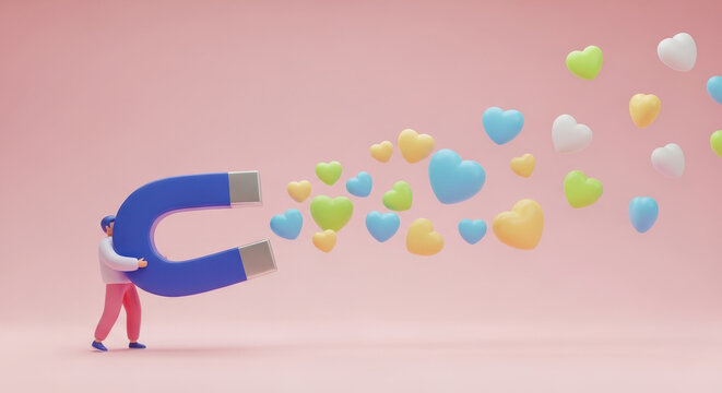 Love, attraction and audience engagement. Cartoon character holding a giant horseshoe magnet pulling in floating hearts