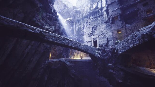 Converging stone paths beneath cascading waterfall and luminous spray, intersecting bridges, deep pool basin, mist veil and textured cliff faces creating